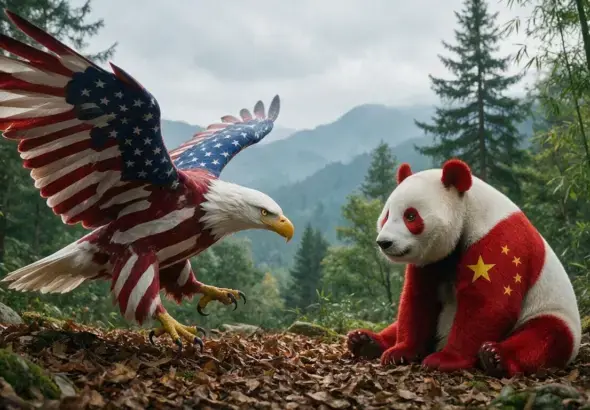 A conceptual illustration of China’s flag and the US flag intertwined, symbolizing the complex economic and diplomatic relationship between the two nations. Photo: BettBeat Media.