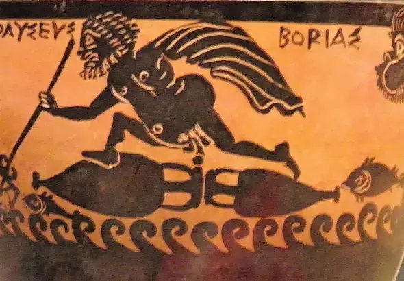 Boreas, the god of the North Wind, blows Odysseus across the Mediterranean. 4th-century BCE pot, Thebes. Ashmolean Museum, Oxford University. Photo: Counter Punch.