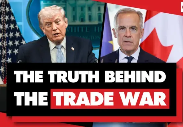 The image shows US President Donald Trump alongside Canadian Prime Minister Mark Carney, accompanied by the headline: “The Truth Behind the Trade War.” Photo: Geopolitical Economy.