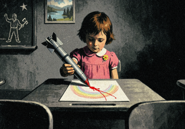 A girl draws a figure in blood with a missile instead of a pencil, illustrating the propagandization of children by arms manufacturers. Illustration: MintPress News.