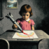 A girl draws a figure in blood with a missile instead of a pencil, illustrating the propagandization of children by arms manufacturers. Illustration: MintPress News.