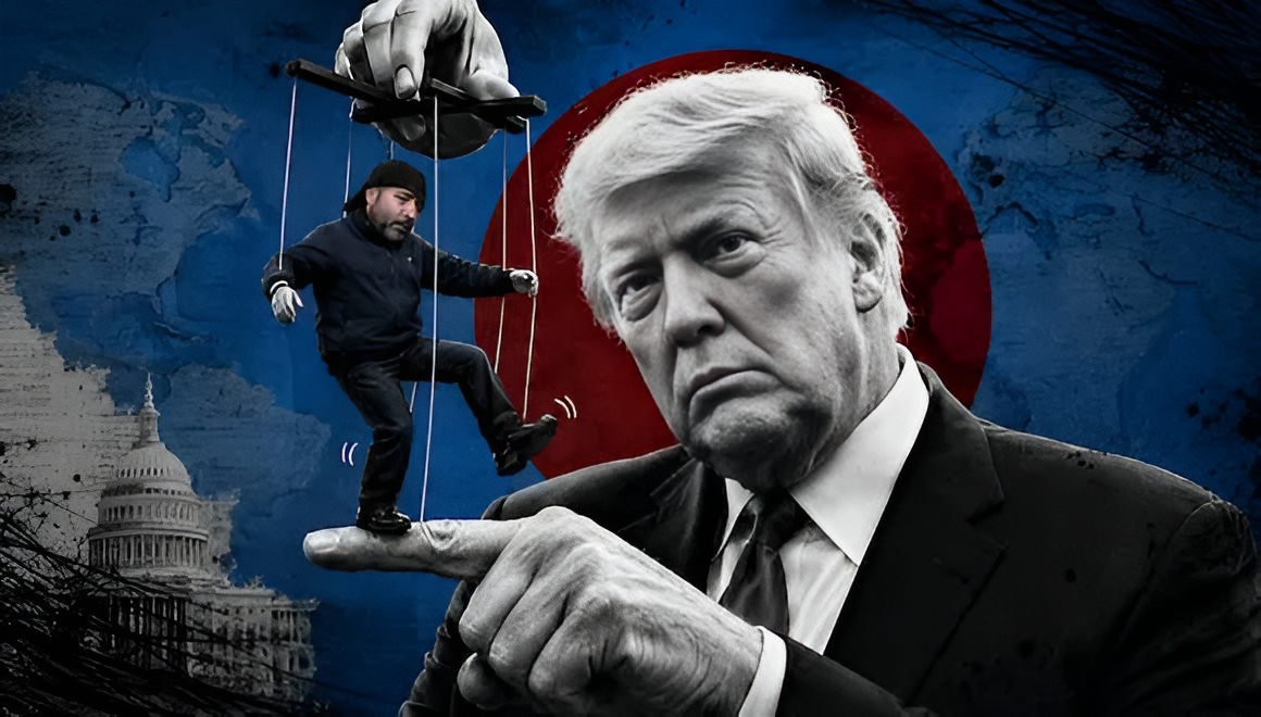 Argentinian far-right strategist Fernando Cerimedo shown as a marionette controlled by Donald Trump. Illustration: Cubadebate.