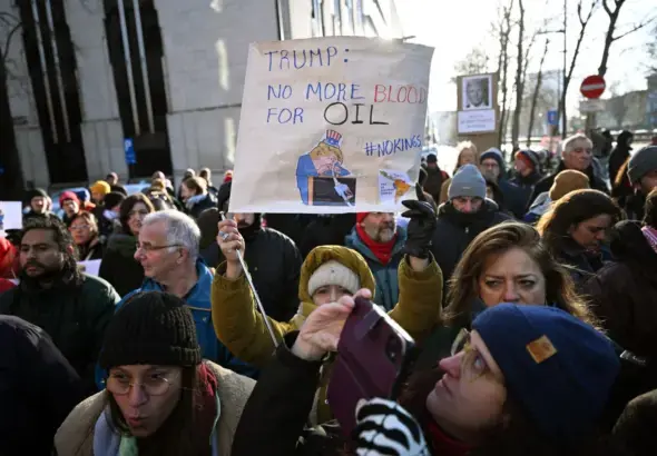 Hundreds gather in front of the US Embassy in Brussels, Belgium on January 4, 2025. Photo: Dursun Aydemir/Anadolu via Getty Images.