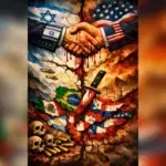 Two arms representing the US and the Zionist entity shake hands that are bloodied, while blood falls on flags of Latin American countries and skulls below the hands, representing the deadly US-Zionist intervention in Latin America. AI-generated image.