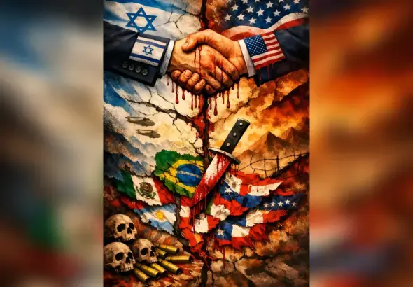 Two arms representing the US and the Zionist entity shake hands that are bloodied, while blood falls on flags of Latin American countries and skulls below the hands, representing the deadly US-Zionist intervention in Latin America. AI-generated image.