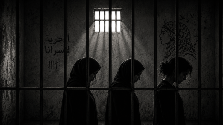 A conceptual image representing the violation of Palestinian women prisoners’ bodies through strip searches, with a woman’s silhouette behind bars and a shadow of an occupation soldier. Photo: Samidoun: Palestinian Prisoner Solidarity Network.